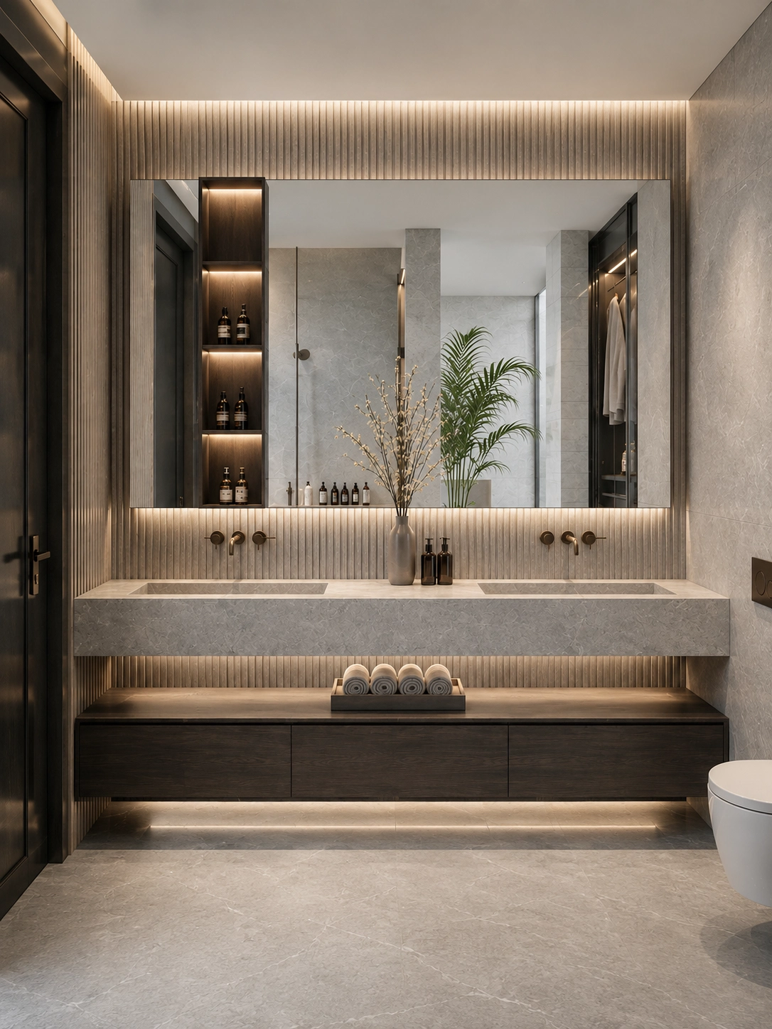 Double stone vanity with dark wood cabinetry