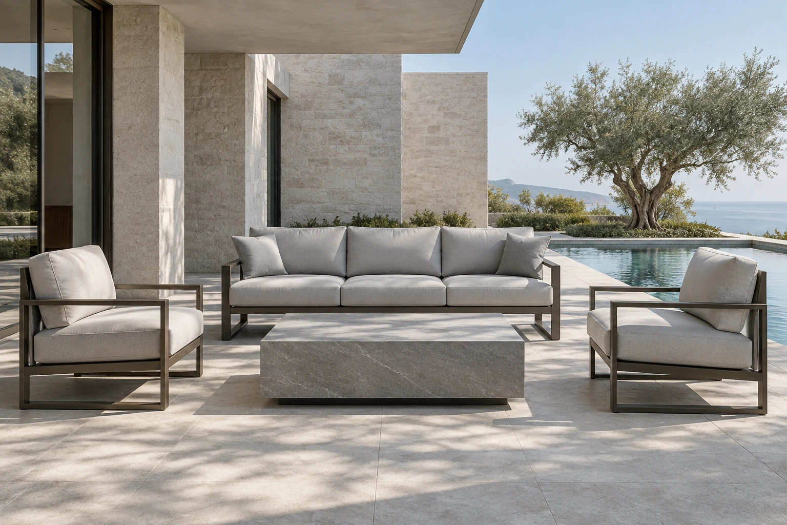 Coordinated outdoor seating beside a reflecting pool