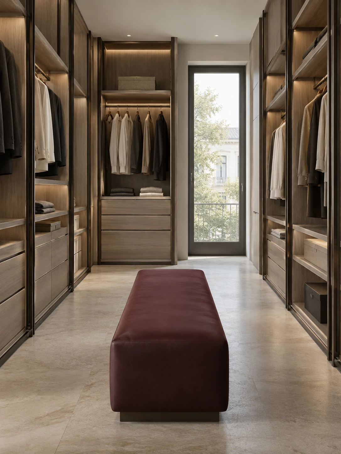 Walk-in wardrobe with integrated lighting and a burgundy bench