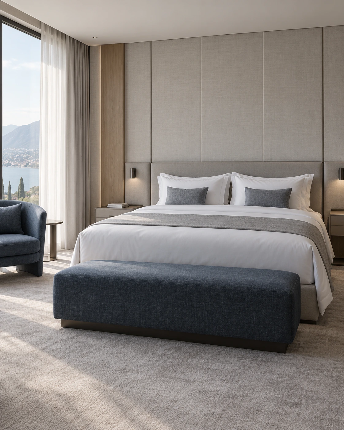 Hotel suite with an integrated upholstered headboard and coordinated blue seating