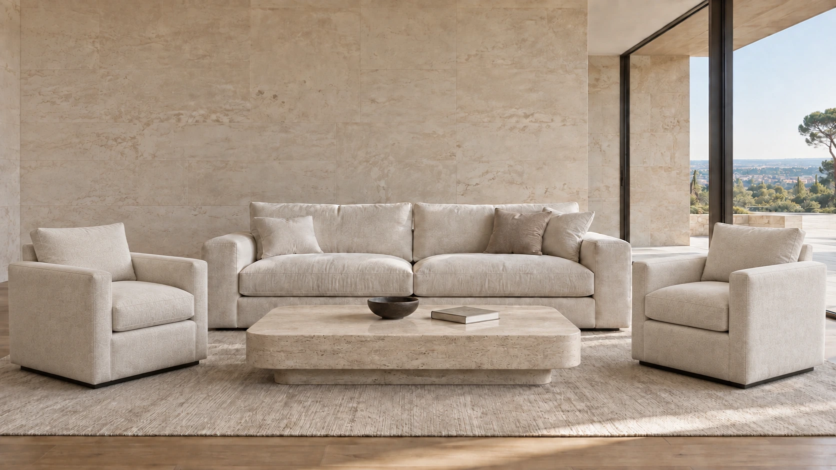 Living room with matching ivory armchairs, a pale sofa and a rectangular stone coffee table