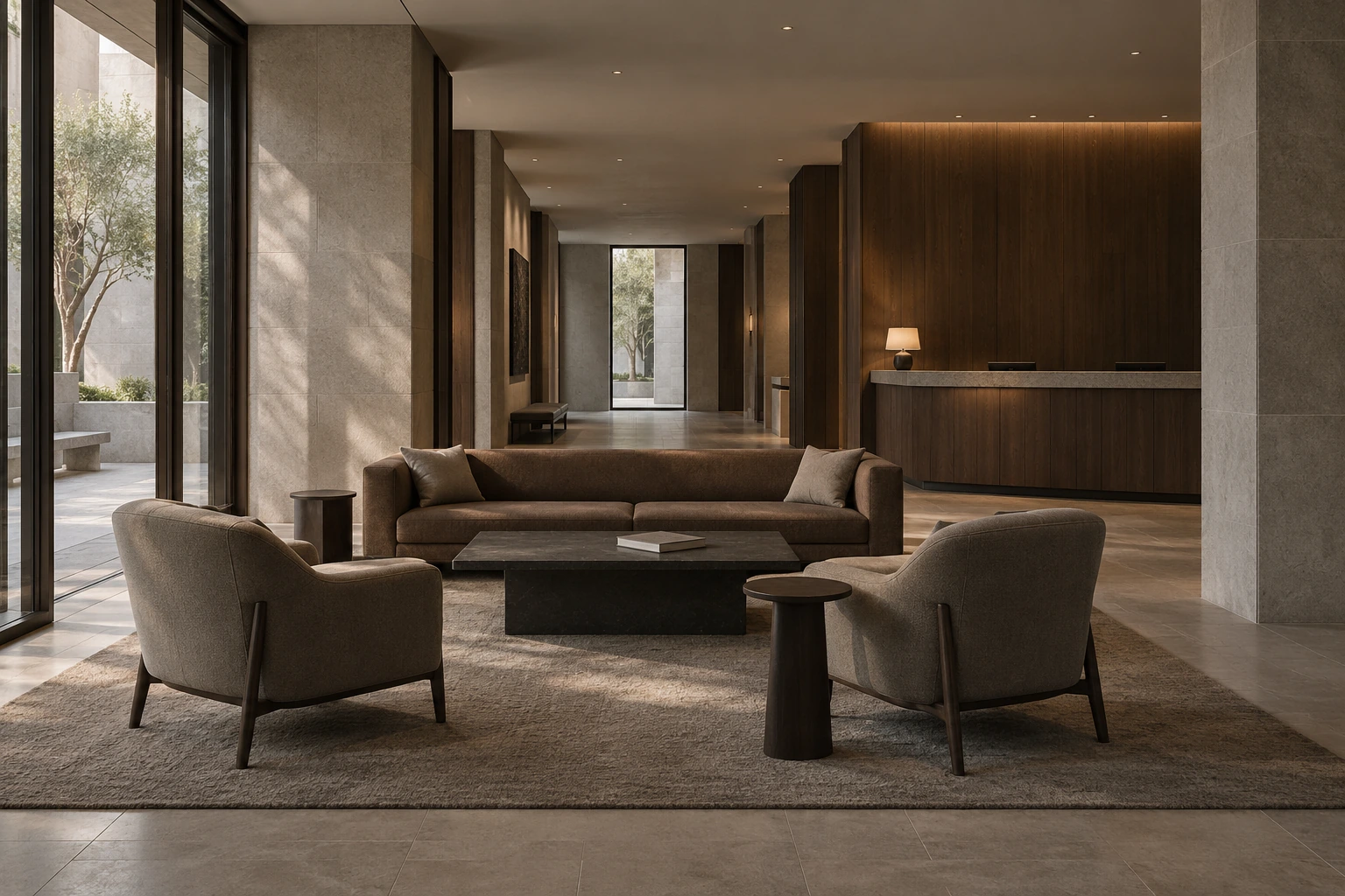 Contemporary hotel lobby with coordinated lounge seating